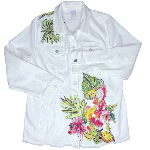 Chico’s Artisan Palm Denim Tropical Floral Embroidered Beaded Jacket - Picture 3 of 10